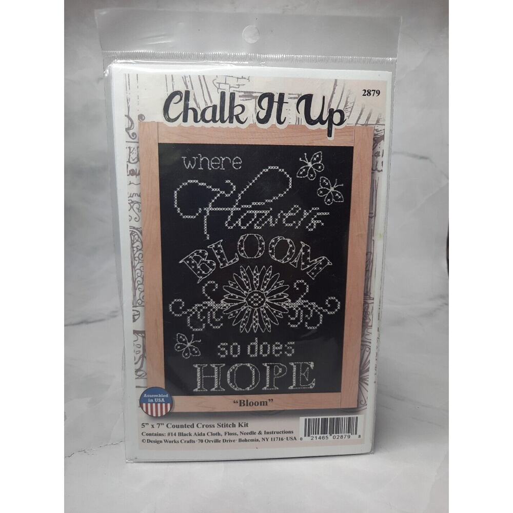 Design Works Counted Cross Stitch Kit Chalk It Up Bloom 5x7 White on Black